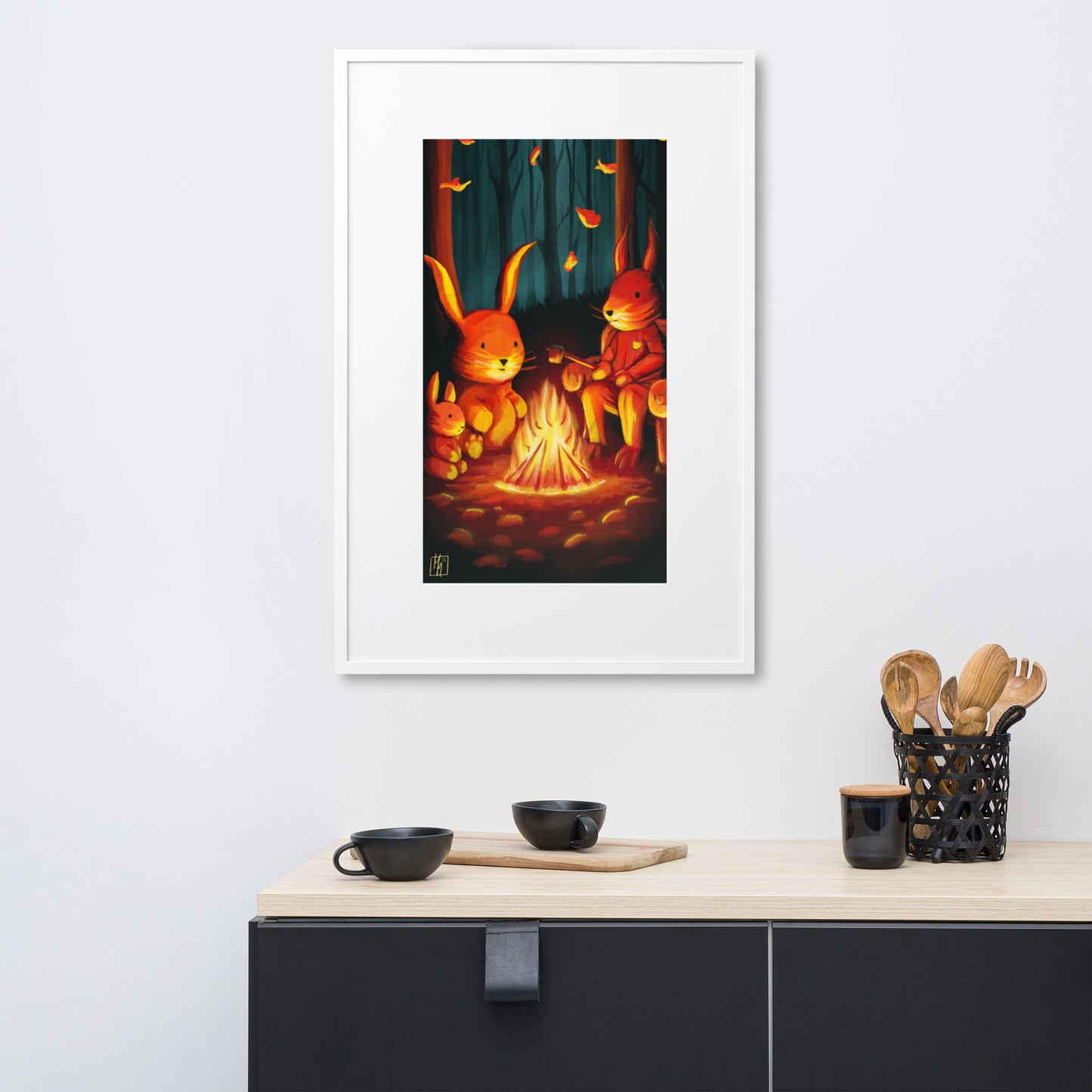 "Hasen am Lagerfeuer" – Gerahmtes Poster auf mattem Papier mit Passepartout